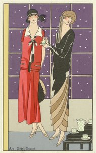 Due donne che prendono il tè e vestite con disegni di Jean Patou e Beer, da Art-Goût-Beauté pub. 1924 da French School
