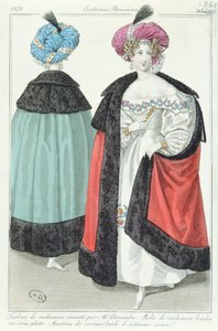 Due donne con turbanti, abiti e mantelli di cashmere, da Costumes Parisiens, 1831 da French School