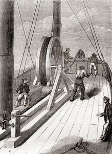 Srotolamento del cavo sottomarino da Dover a Calais a bordo del Blazer, 25 dicembre 1851, da Les Merveilles de la Science, pubblicato c.1870 (incisione)