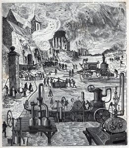 Uso di vari sistemi di pompe in un incendio nel XIX secolo - Incisione in "Scienze portate alla portata di tutti - fisica e chimica" di Alexis Clerc - Fine del XIX secolo. Collezione privata.