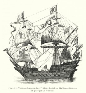 Nave da guerra del XVI secolo; disegnata da Guillaume Barendsz e incisa da Cl Visscher (incisione) da French School