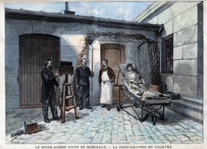 Varie: la fotografia del cadavere fatto a pezzi dal servizio di Alphonse Bertillon (1853-1914), scienziato francese, creatore dell