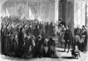 Concilio Vaticano I (1869-1870): Papa Pio IX (1792-1878) riceve in udienza generale gli ecclesiastici francesi che seguirono i vescovi