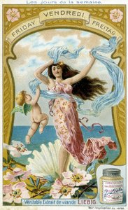 Venere illustra il venerdì. Carta pubblicitaria cromolitografica Liebig da French School