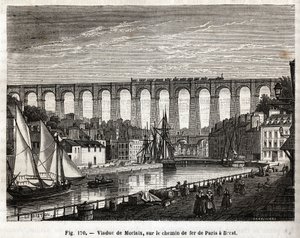 Viadotto di Morlaix, sulla ferrovia da Parigi a Brest (Francia). Incisione di Lebreton e Marchand, in "Les Merveilles de la Science" di Louis Figuier (1819-1894), edizione Jouvet et Cie da French School