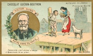 Victor Hugo, autore francese, e una scena dal suo romanzo Notre Dame de Paris da French School