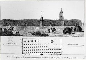 Vista e pianta della grande moschea di Timbuktu, da Journal d