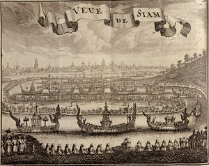 Veduta di Ayutthaya con barche reali, da Voyage du Siam des Peres Jesuites di Guy Tachard, 1688 da French School
