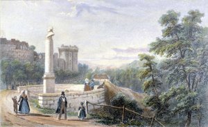 Veduta del Castello di Dinan e della statua di Duclos Pinot. Illustrazione del XIX secolo conservata al Museo di Dinan. da French School