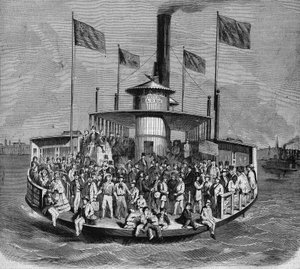 Veduta di un piroscafo che collega le isole e la città di New York. Incisione da French School
