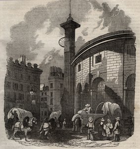 Vista della halle au blé a Parigi (costruita nel 1763-1769) e della colonna Medici, incisione inizio XIX secolo - scambio di grano e mais a Parigi (costruita nel 1763-1769), incisione inizio XIX secolo - Vista della Halle au blé, posta sull