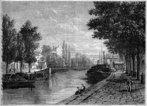 Veduta del Canal Saint Martin, a Parigi, prima delle trasformazioni effettuate da Haussmann a metà del XIX secolo. Veduta presa all