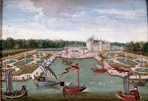 Veduta del Castello di Chantilly e dei giardini presi dal Vertugadin da French School