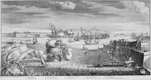Veduta della città di Valetta, Porto di Malta, c.1736 (incisione) da French School