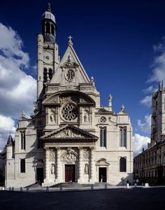 Vista della facciata della chiesa di Saint-Étienne du Mont, Place Sainte-Geneviève (Saint Étienne du Mont) a Parigi nel 5° arrondissement (la stessa dell