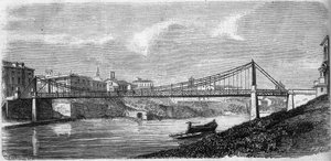 Vista del Ponte San Giovanni sul fiume Tevere in Italia, inaugurato nel 1863. Questo ponte in acciaio è stato progettato da Alphonse Oudry (1819-1869). Incisione in "Le Monde Illustré" n.349 del 19 dicembre 1863. da French School