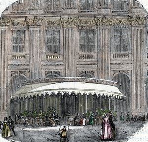 Veduta del caffè de la Rotonde al Palais-Royal di Parigi intorno al 1860 (incisione colorata)