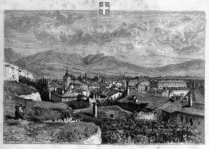 Veduta della città di Chambéry in Savoia. Incisione del 1880 in "La république illustrée" collezione privata