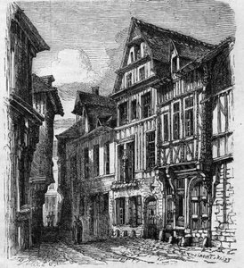 Veduta della casa situata in rue de la Pie, a Rouen, dove nacque Pierre Corneille. Incisione in 