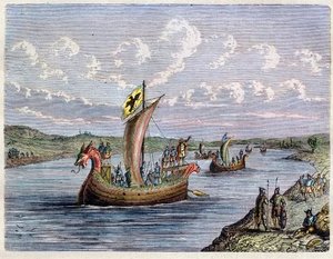 Barca vichinga - Drakkar - Navi normanne su un fiume - incisione in 