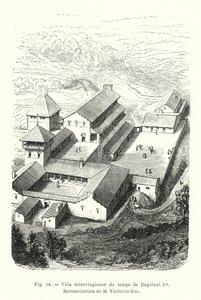 Villa merovingia del tempo di Dagoberto I, Ricostruzione di M Viollet-le-Duc (incisione) da French School