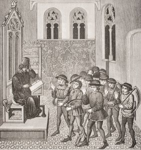 Cattivi che ricevono gli ordini dei loro signori prima di andare a lavorare, da una miniatura in un manoscritto del XV secolo, da Le Moyen Age et La Renaissance di Paul Lacroix (1806-84) pubblicato nel 1847 da French School