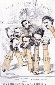 Viva la Repubblica sociale - Le cannoniere della Repubblica: A. Vacquerie, F.V. Hugo, P. Meurice, E. Roullier, Flocquet, H. Rochefort, Vermorel, Pilotell. Caricatura da French School