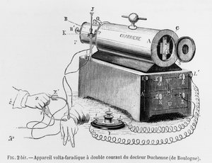 Apparato Faradico di Volta usato da Guillaume Benjamin Duchenne de Boulogne (1806-75), illustrazione da Mecanisme de la Physionomie humaine ou analyse electrophysiologique des passions di Duchenne de Boulogne da French School