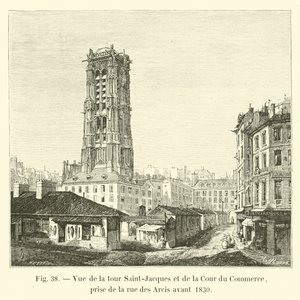 Veduta della torre Saint-Jacques e della Cour du Commerce, presa dalla rue des Arcis prima del 1830 da French School