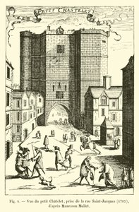 Veduta del piccolo Chatelet, presa da rue Saint-Jacques, 1702, secondo Manesson Mallet da French School