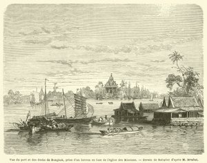Vista del porto e dei moli di Bangkok, presa da una barca di fronte alla chiesa delle Missioni da French School