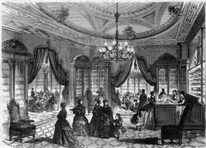 Vista interna del negozio di scarpe di M. Herbert, 93 rue de Richelieu a Parigi. Incisione in "Le Monde Illustré" n. 613 del 9 gennaio 1869 da French School