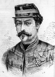 Guerra del 1870: ritratto di Leon Franchetti (1834-1870), soldato francese, comandante degli Scouts della Senna. Incisione in "Le Monde Illustré" n. 714 del 17 dicembre 1870