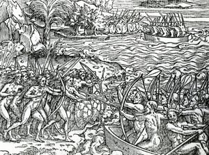 Scena di guerra, Brasile, illustrazione da "Singolarità della Francia Antartica", di André de Thevet, 1558