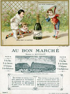 Che fortuna! Una bottiglia di champagne; fronte e retro di una carta promozionale per i grandi magazzini Bon Marché a Parigi, c.1895