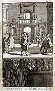 Fauna e personaggi sul palco con pubblico - in "The Works of M. de Molière"