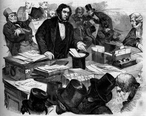 William Ewart Gladstone (1809-1898), politico inglese, Cancelliere del Cancelliere, presenta il bilancio e il commercio nella Camera dei Comuni. Londra, Inghilterra da French School