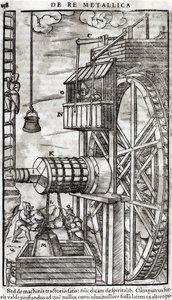 Argano per estrarre acqua da una miniera, illustrazione dal De Re Metallica di Georg Bauer, noto come Agricola, 1561 da French School