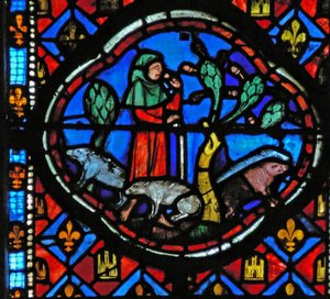 Finestra Ew-L che raffigura una scena della storia del Figliol Prodigo: si prende cura dei maiali e pensa da French School