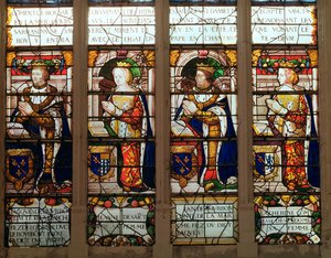 Vetrata raffigurante Jacques de Bourbon (1315-61) Conte de la Marche, Jeanne de Chatillon-Saint-Pol (m.1371) Jean I de Bourbon (1361-94) e Catherine, Contessa di Vendome