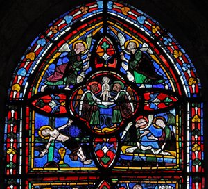 Quinta sezione della finestra w7: la morte di San Pietro: la sua anima ascende al cielo