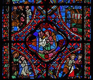 Seconda sezione della finestra di San Giacomo: al centro ci sono i chiodi della Passione; Fileto si converte; Ermogene con San Giacomo; una chiesa; San Giacomo con 2 uomini da French School