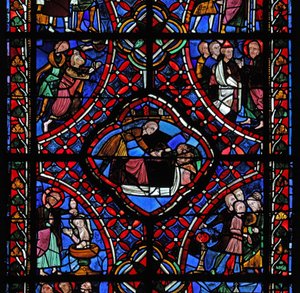 Terza sezione della finestra di San Giacomo: non tutte le scene sono state identificate, ma si può vedere un battesimo e forse il martirio del santo da French School