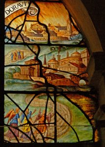 Finestra nel Charnier (w.13) che raffigura Due scene: Uccisione del maiale: Abramo visitato da 3 angeli da French School