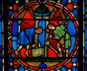 Finestra n2-C che raffigura San Austremonio che costruisce la chiesa a Issoire da French School