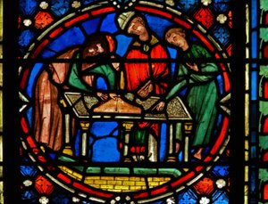 Finestra n2-C che raffigura San Austremonio che costruisce la chiesa a Issoire da French School