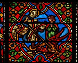 Finestra n3 che raffigura scene della vita di San Giorgio; uccide il drago da French School