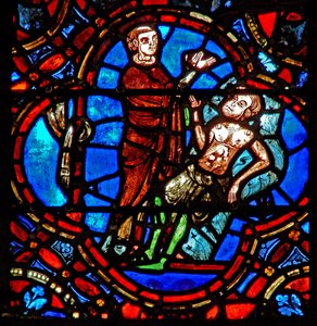 Una scena nella finestra del Buon Samaritano: un altro viaggiatore vede il pellegrino ferito da French School