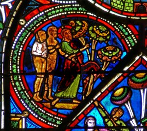 La finestra del Buon Samaritano: Dio indica il frutto proibito ad Adamo ed Eva da French School