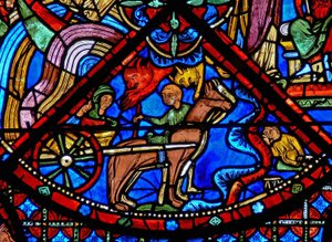 Finestra w15 raffigurante la storia delle reliquie di San Stefano: i diavoli interferiscono con il trasporto delle reliquie da French School